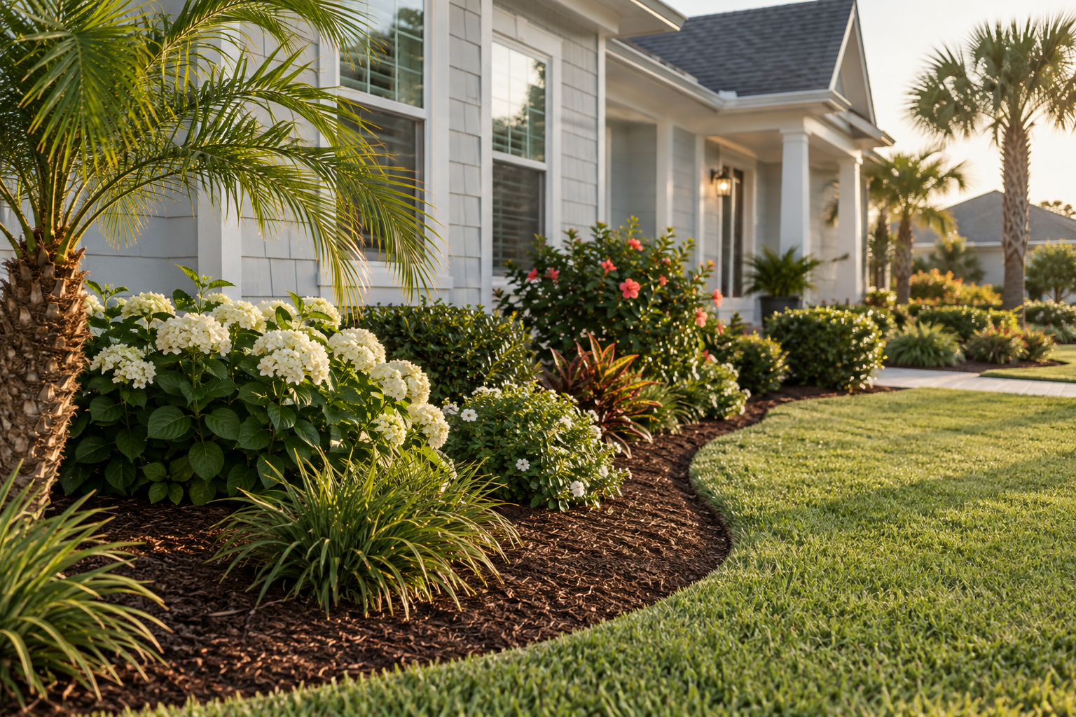 Professionally landscaped flower and shrub beds