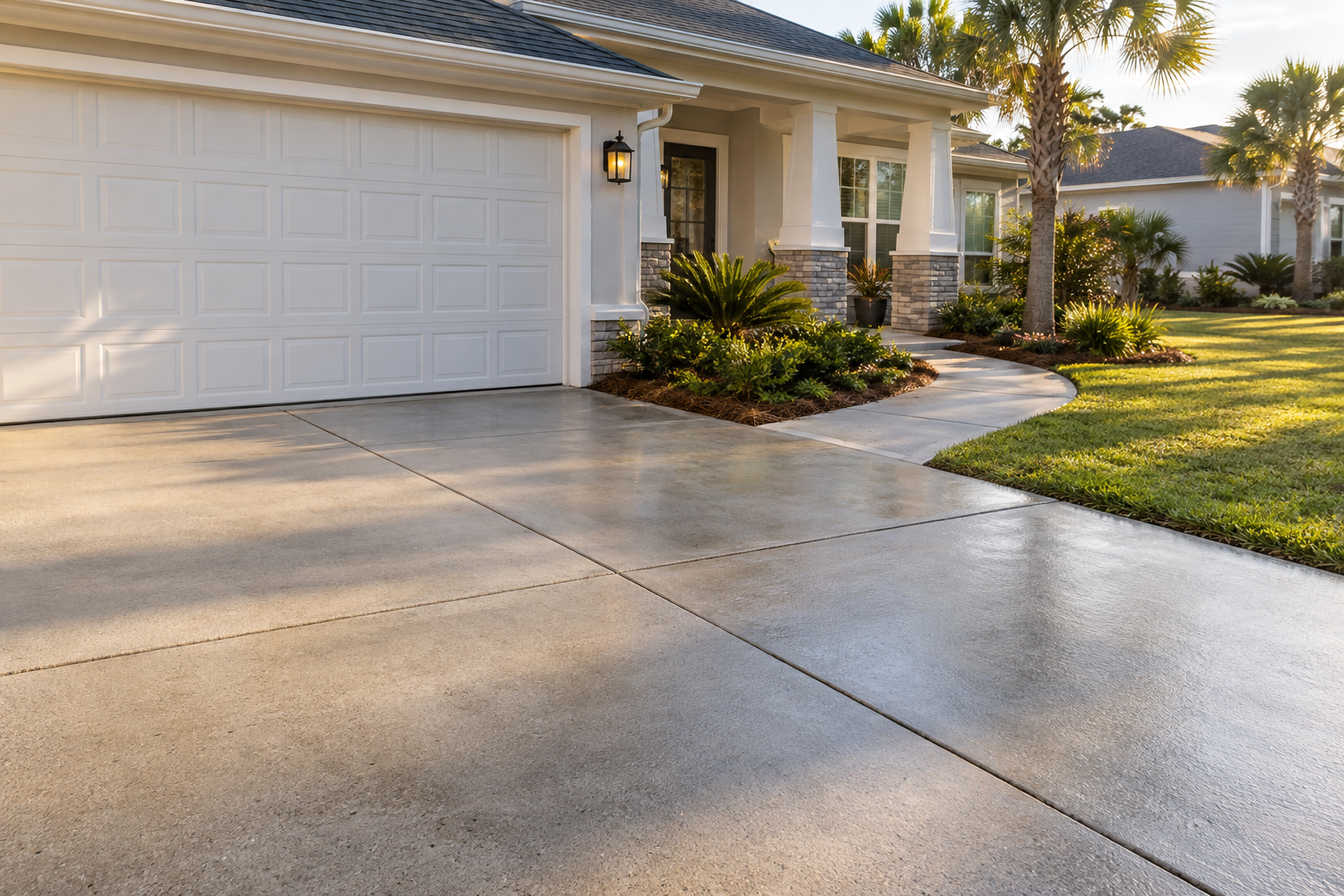 Freshly pressure-washed residential driveway