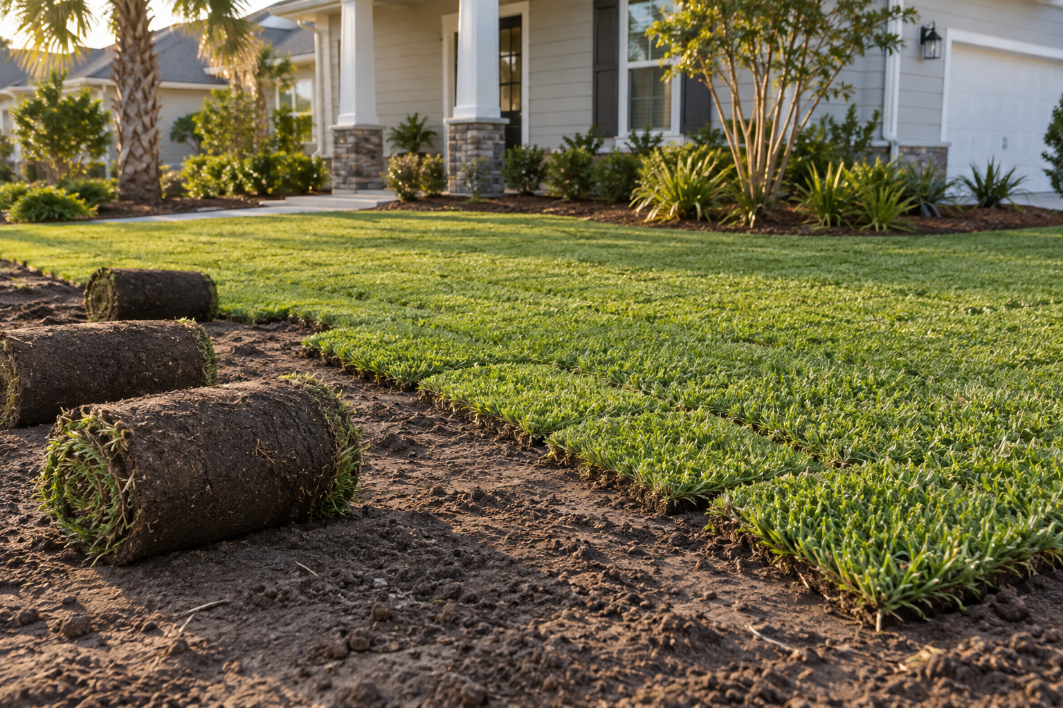 Fresh sod installation at a residential property